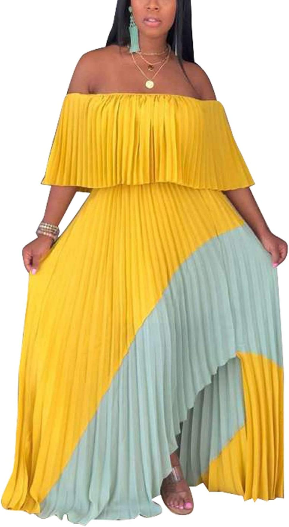 SHINFY Women's Plus Size Tie Dye Maxi Off Shoulder Long Dress XX-Large 297-yellow