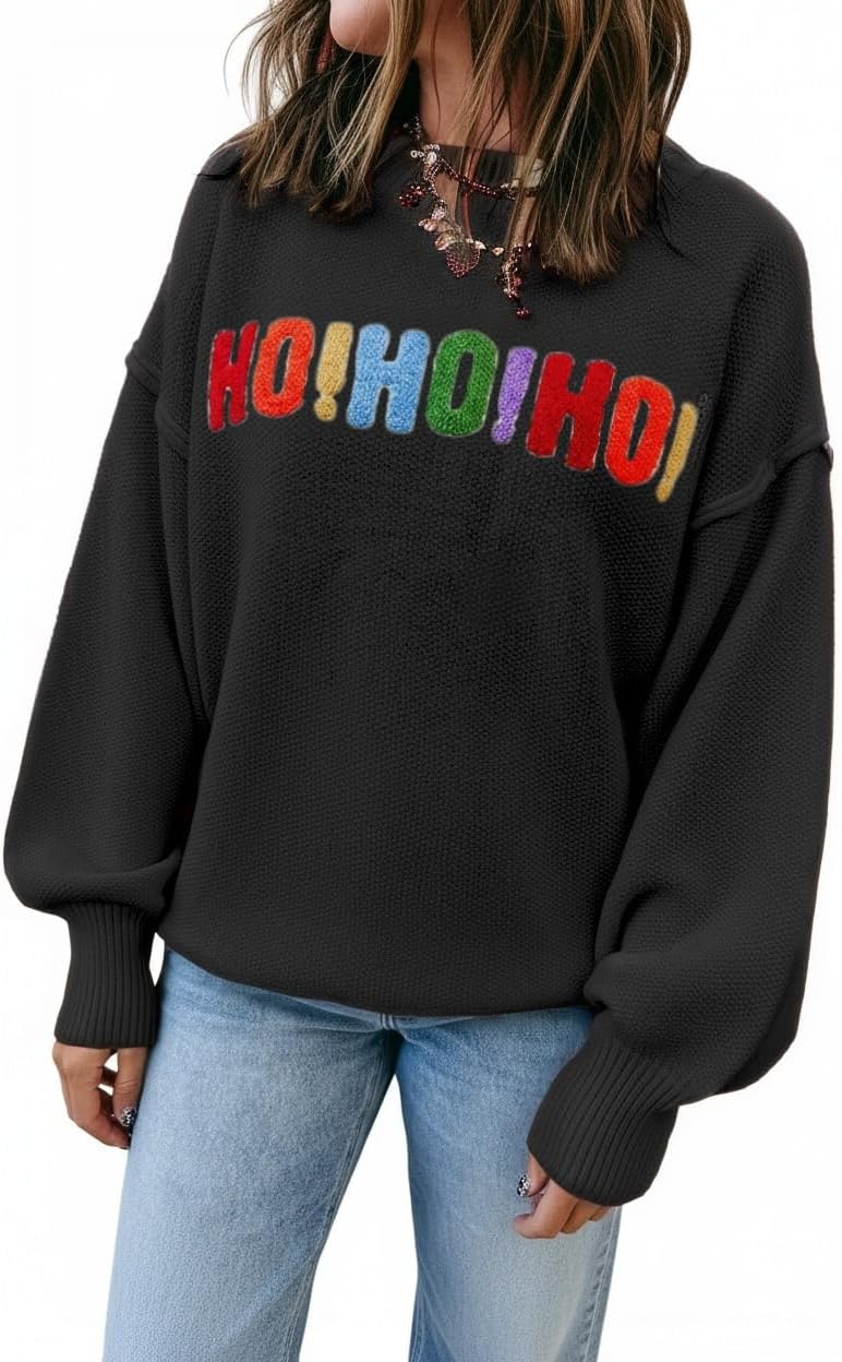 KevaMolly Womens Long Sleeve Sweaters HOHOHO Merry Christmas Drop Shoulder Casual Chenille Graphic Holiday Pullover Tops