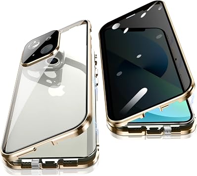 Anti Peeping Case for iPhone 13 6.1", Jonwelsy 360 Degree Front and Back Privacy Tempered Glass Cover, Anti SPY Screen, Anti Peep Magnetic Adsorption Metal Bumper for iPhone 13 Gold