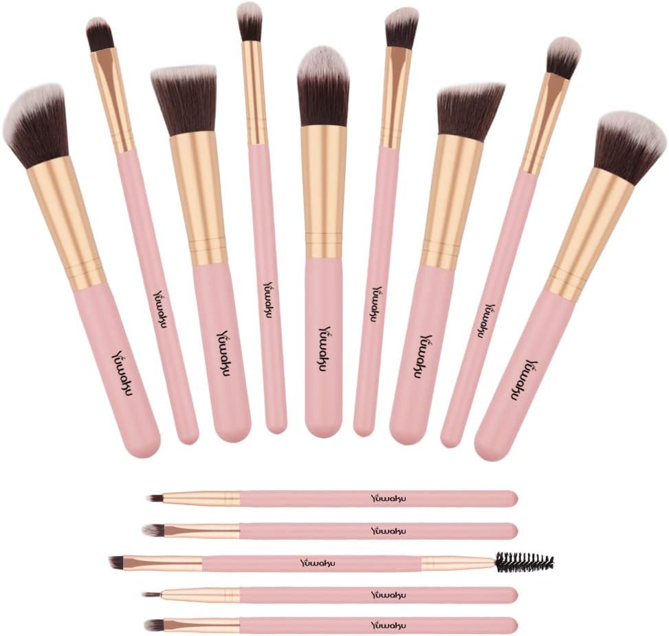 Makeup Brushes Set, Yuwaku Premium Synthetic 14pcs Kabuki Make Up Brush, Pink Foundation Powder Concealers Blush Eyeliner Eye Shadows Cosmetic Kit