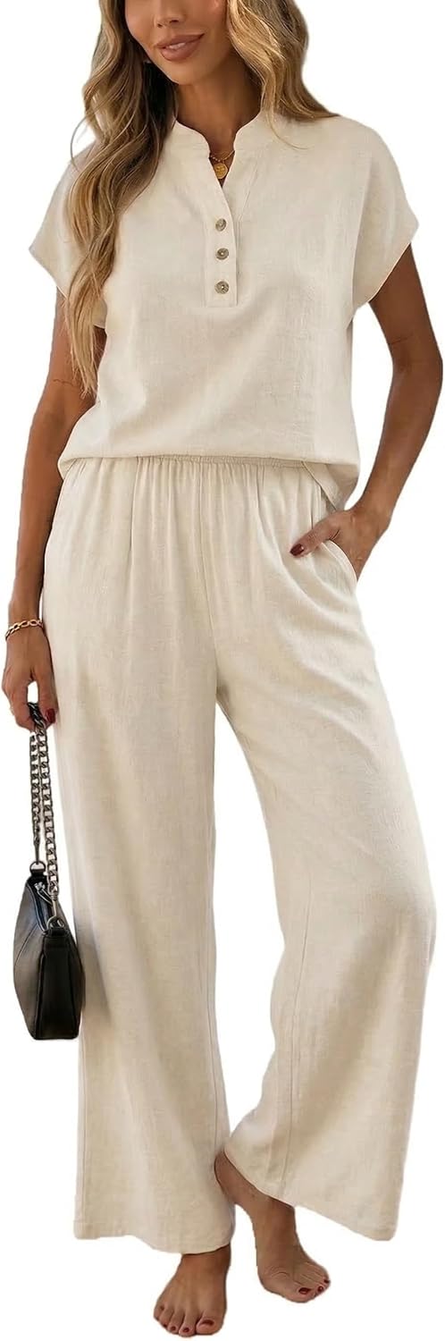 heipeiwa Women's 2 Piece Linen Outfit Set Short Sleeve Button Top with Wide Leg Pants Summer Casual Matching Set