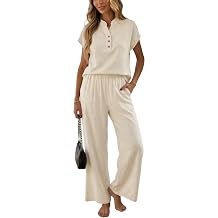 heipeiwa Women's 2 Piece Linen Outfit Set Short Sleeve Button Top with Wide Leg Pants Summer Casual Matching Set
