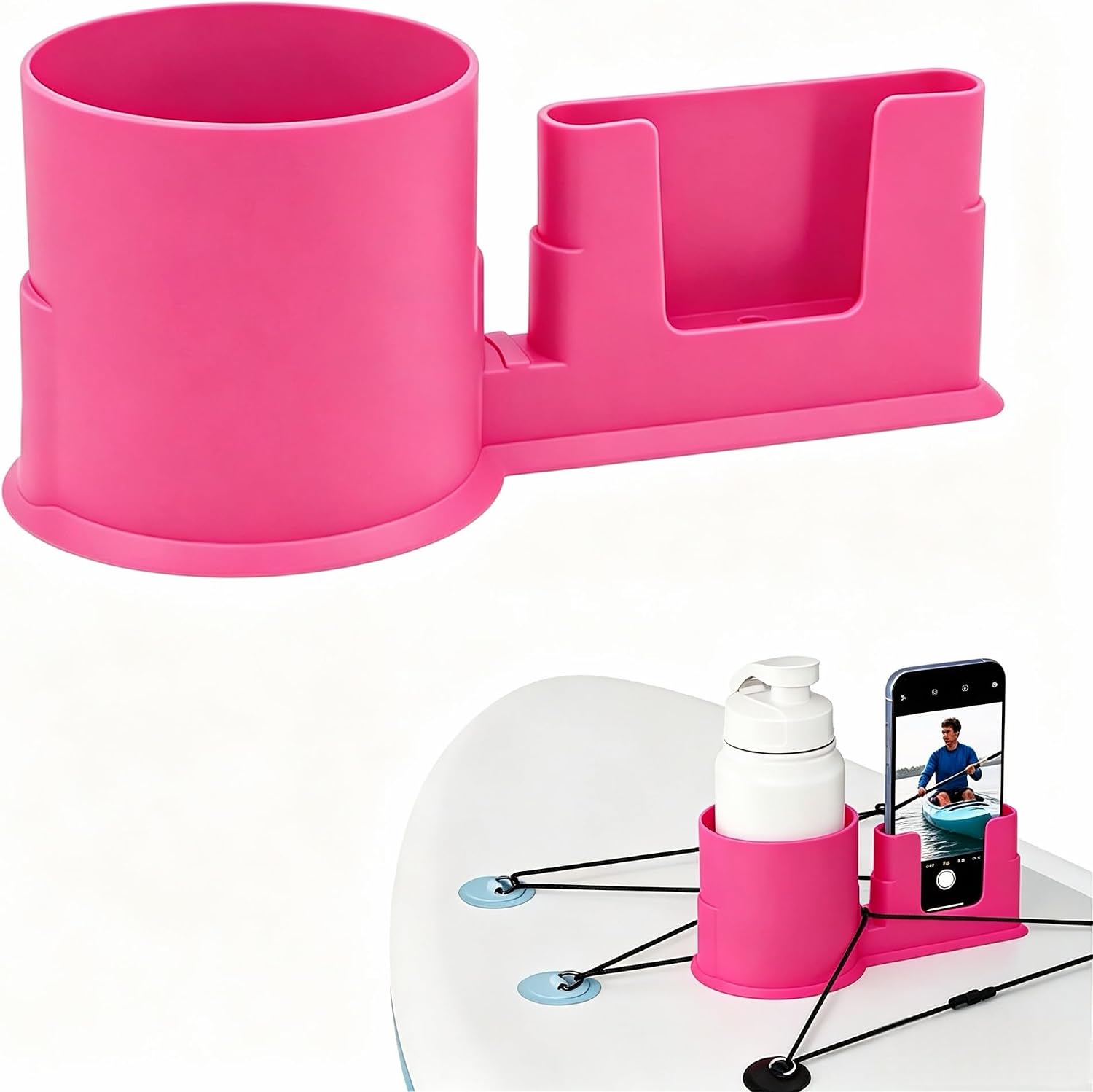 Paddle Board Cup Holder, Universal Paddle Board Accessory, Black | 2-in-1 Paddle Board Phone Holder Fits Kayak, SUP, Canoe, Surfboard & Boat, Holds Phones, Cups and Fishing Gear