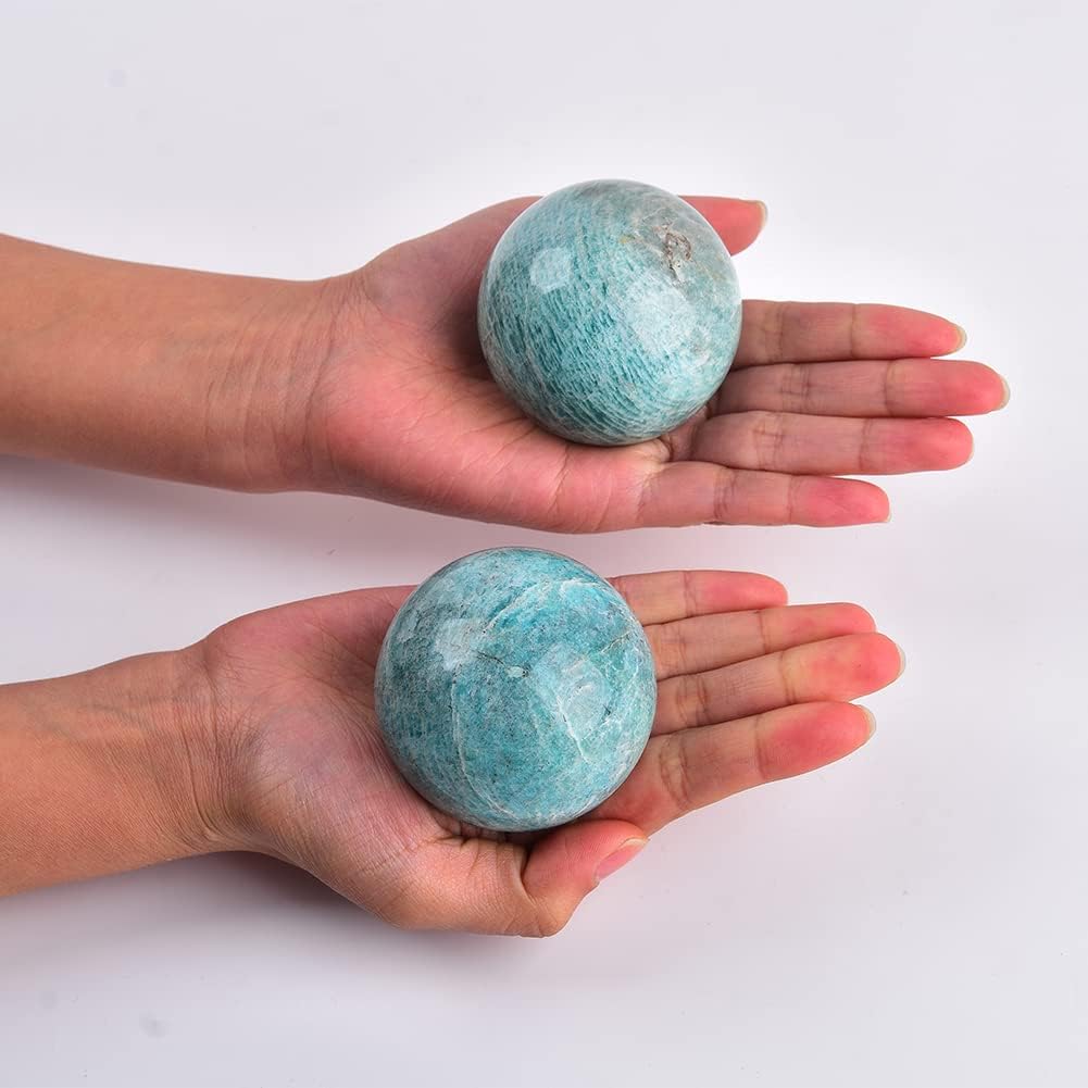 JIC Gem Natural Amazonite Crystal Sphere with Wood Stand Gemstone Sphere,Polished Healing Energy Mineral Gemstone Balls for Reiki Chakra Decoration Fengshui (60-70mm)