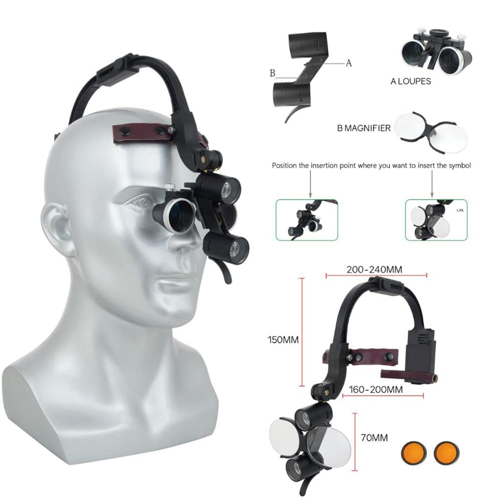 GeRRiT Lampada Frontale odontoiatrica da 5 W, Lampada Frontale a LED per ingrandimento 3,5X Occhialini binoculari Lampada Frontale chirurgica per Dentista Attrezzatura da Laboratorio,3.5X