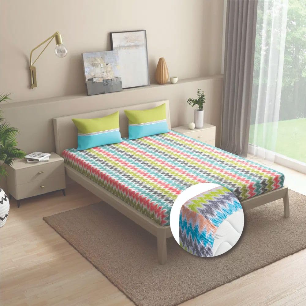 Wakefit Cotton Printed Fitted Bedsheet | 200 TC Elastic Fitted Sheet, Single Bed Bedsheet with 1 Pillow Cover | Parisa - 72X30 Inches,Multicolor