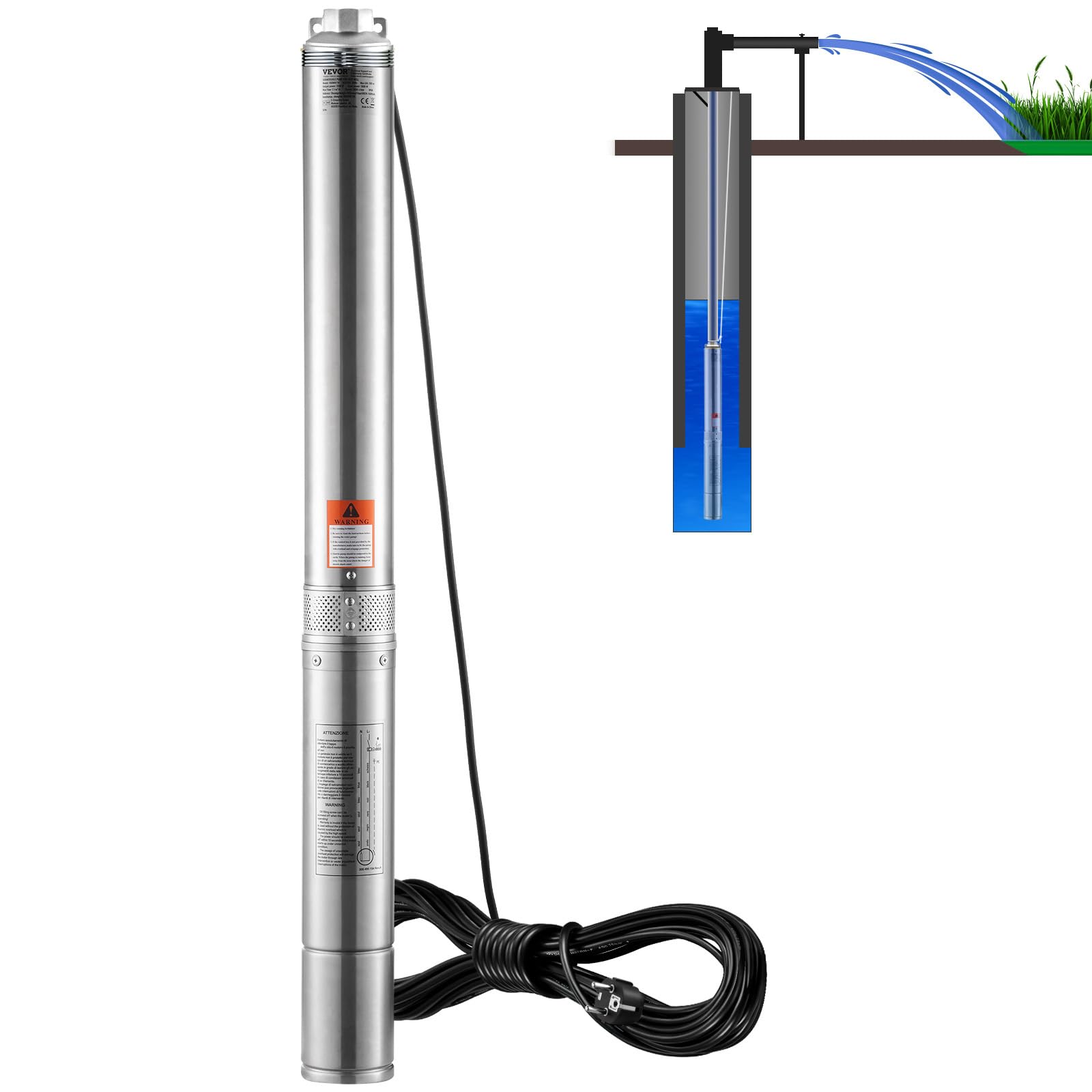 VEVOR Pompa Sommergibile per Pozzi Profondi, IP68 1100W 230 V 50 Hz, Massima Portata 7,​1 m³/​h Prevalenza 105 m, Cavo Elettrico 19,​4 m, Pompa Acciaio Inox per Irrigazione Industriale Uso Domestico