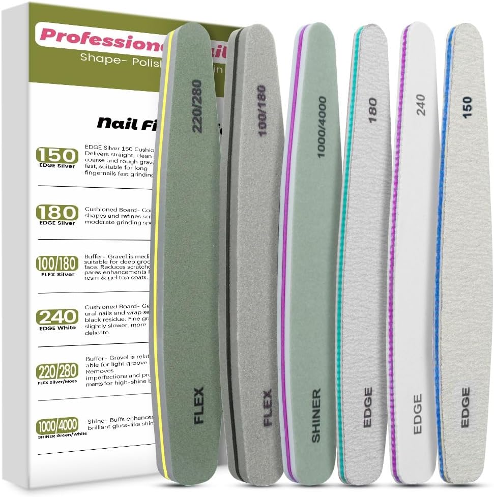 Professional Nail File Set Double Sided Grit 100/150/180/220/240/280/1000/4000 Buffer Emery Board Manicure Tools for Nail Grooming and Styling, Acrylic Gel Nail Buffer File Block Nail Polisher 6 Pcs