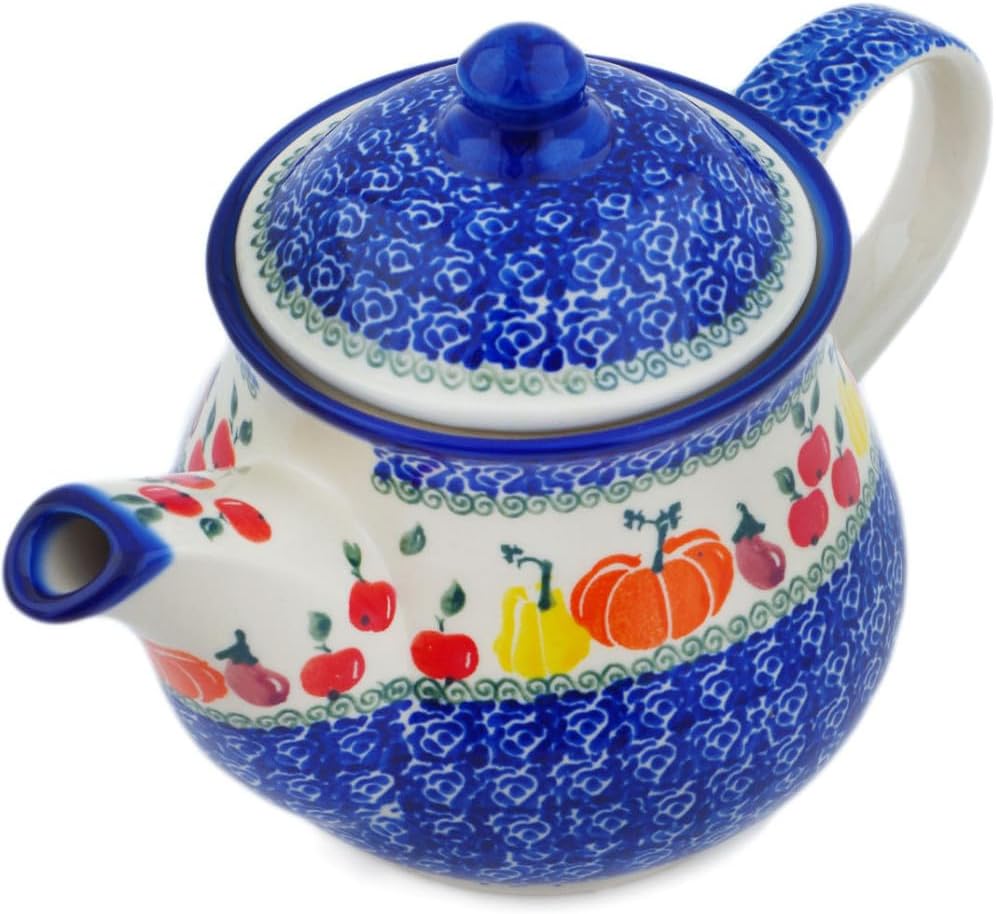 Polmedia Polish Pottery Tea or Coffee Pot - Fresh Vegetable Garden Pattern Handmade in Boleslawiec Poland by Ceramika Bona + Certificate of Authenticity