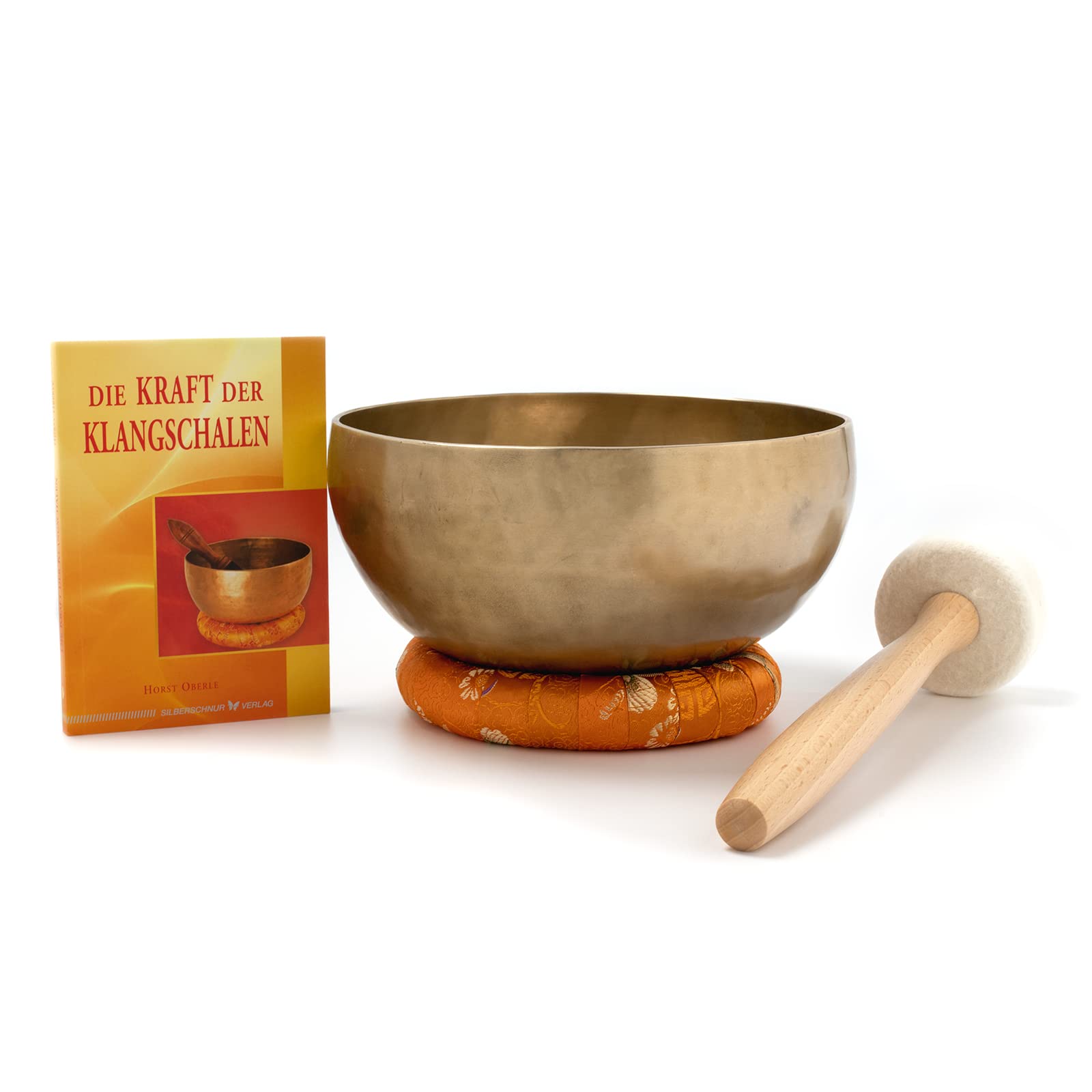 Klangschale im Starterset, 1200-1300 g, handgeschmiedet | Fair Trade aus Nepal, tiefer Klang, inkl. Zubehör und Buch