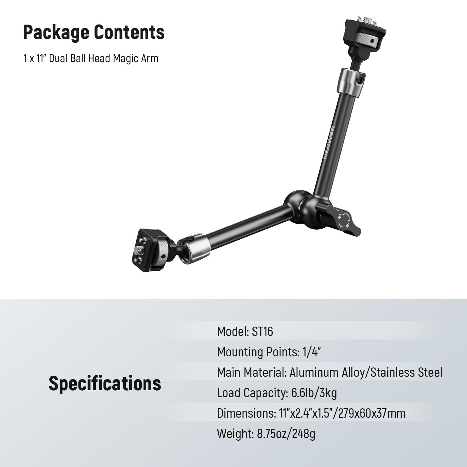 NEEWER Magiczne ramię przegubowe 27.9 cm z głowicami kulowymi 360° i kołkami ustalającymi do ARRI, uchwyt na monitor aparatu ze śrubami 1/10.2 cm do lustrzanek cyfrowych, monitorów, lampa wideo