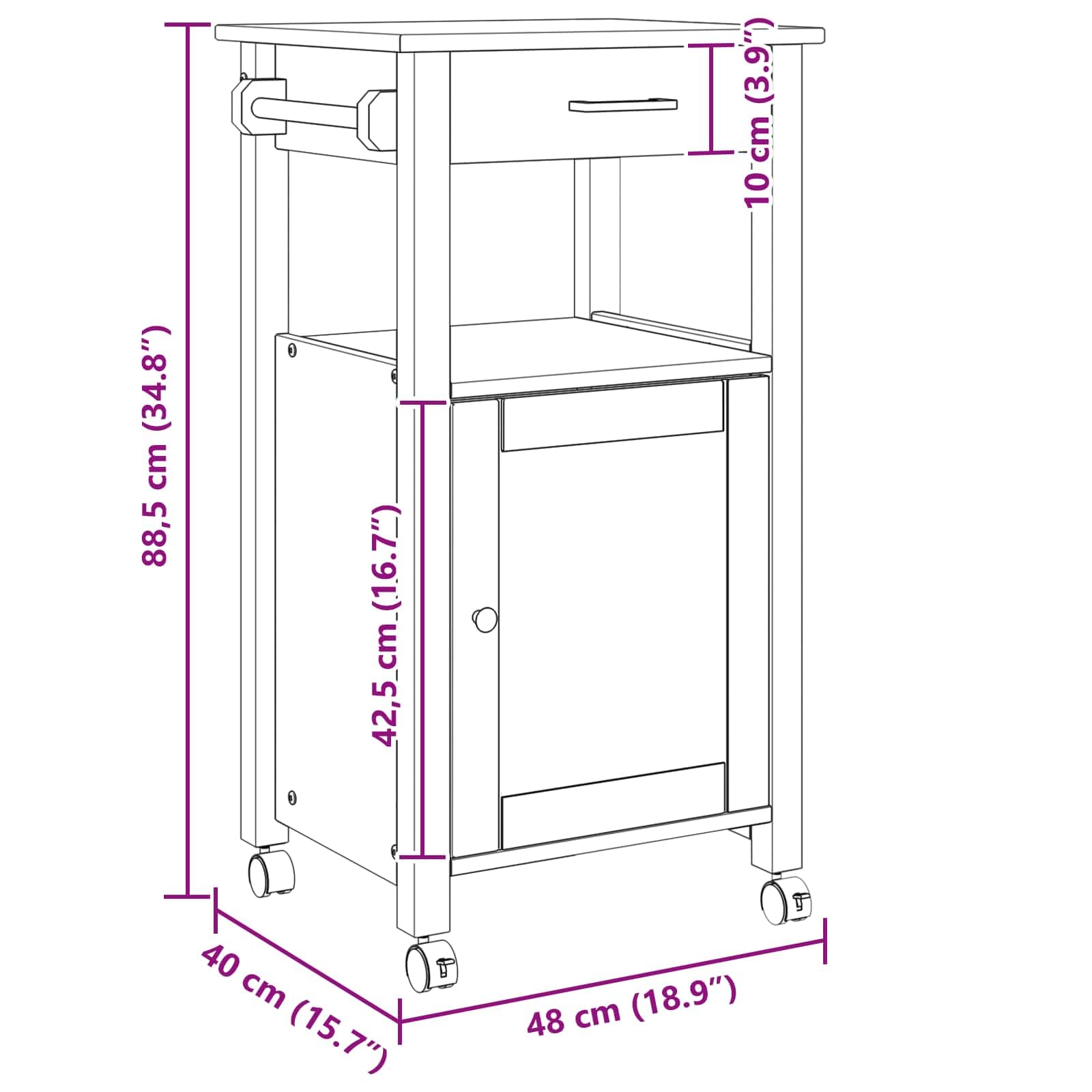Wózek kuchenny z litego drewna sosnowego, czarny, 48 x 40 x 88,5 cm, z kółkami obrotowymi 360°, szufladą i półką, nowoczesny organizer na przybory kuchenne, łatwy montaż