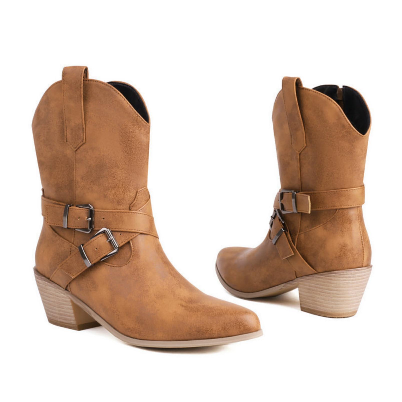 Generico Stivali Donna Western Mezzo Polpaccio Vintage con Tacco a Blocco, Stile Cowboy Autentico per Look Country