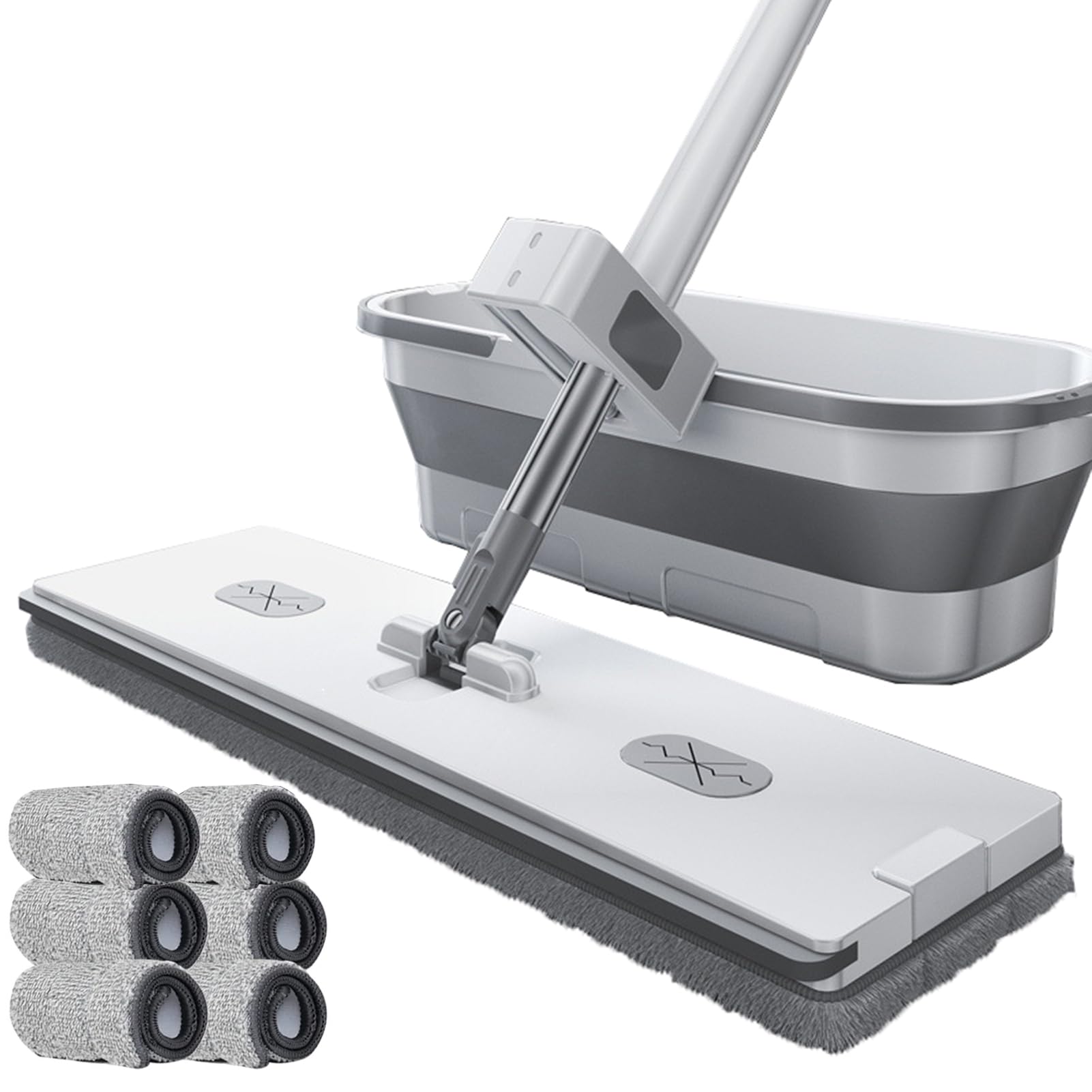 Set di mocio piatto e secchio rotante a 360°, con raschietto per l'asciugatura e 6 panni in microfibra lavabili per una pulizia senza sforzo di pavimenti in legno laminato e piastrelle
