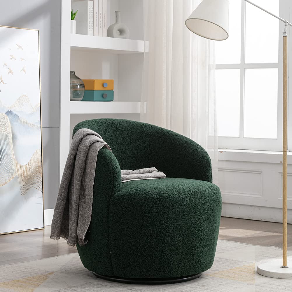 Swivel Barrel Chairs Boucle Accent Chair Upholstered 360° Teddy Swivel Chair Comfortable Arm Chairs for Living Room Bedroom Office Hotel(Light Green)