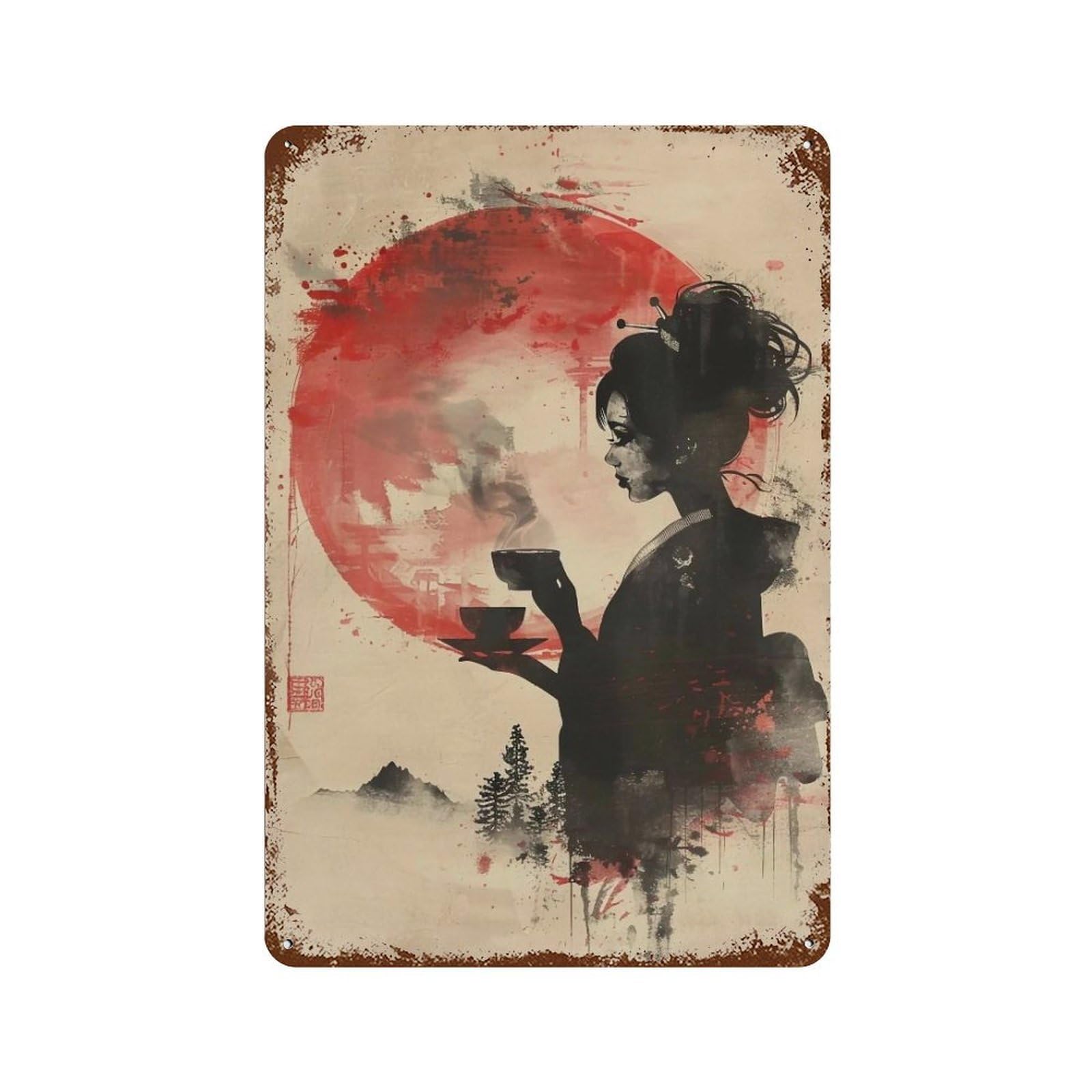 YHGERTKU Japanese Woodblock Print Zen Woman Steaming Tea 04 Wall Art Retro Iron Vintage Metal Tin Sign Poster Modern Decor for Living Rooms Gift 30x20cm