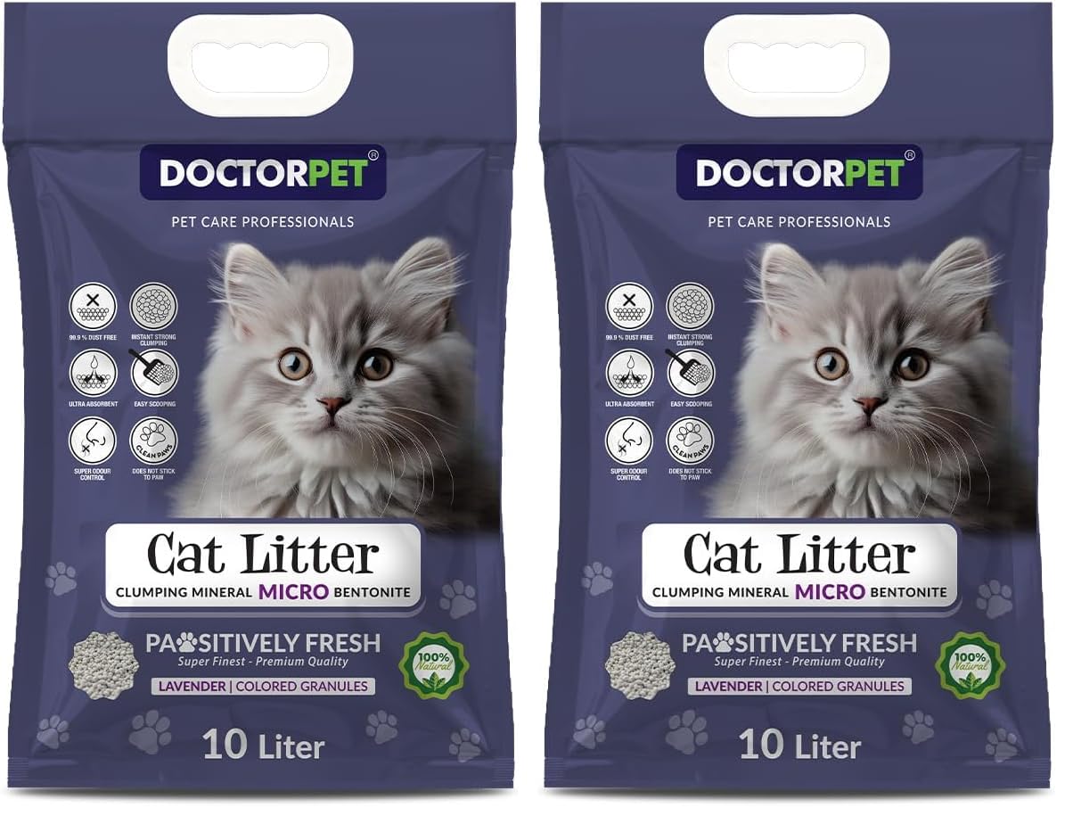 Lavender Scented Clumping Cat Litter 10L – 100% Clumping Micro Bentonite, Instant Strong Clumping, Ultra Absorbent, Dust-Free, Lavender Fragrance, Pet Safe (Pack of 2)