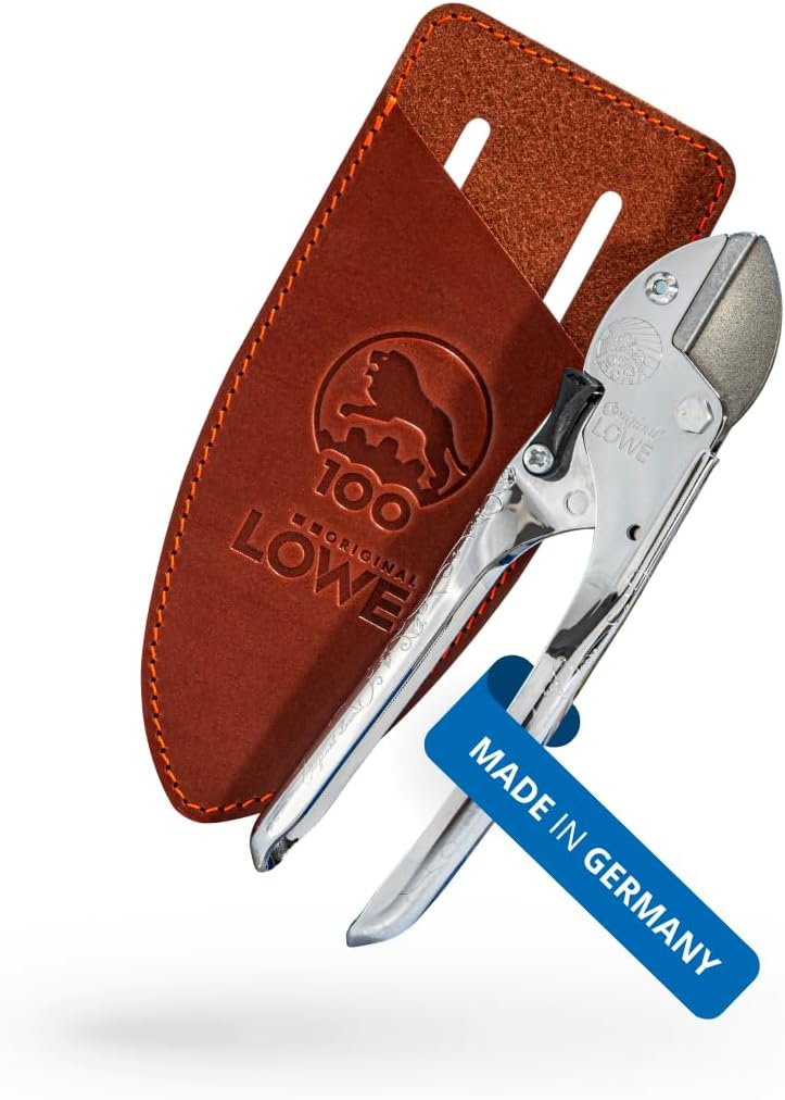 Original LÖWE 5, 100-Year Anniversary Edition - Professional Anvil Pruning Shears 5.100 Made of Metal with Stainless, Non-Stick Coated Steel Blade and Handcrafted Leather Holster