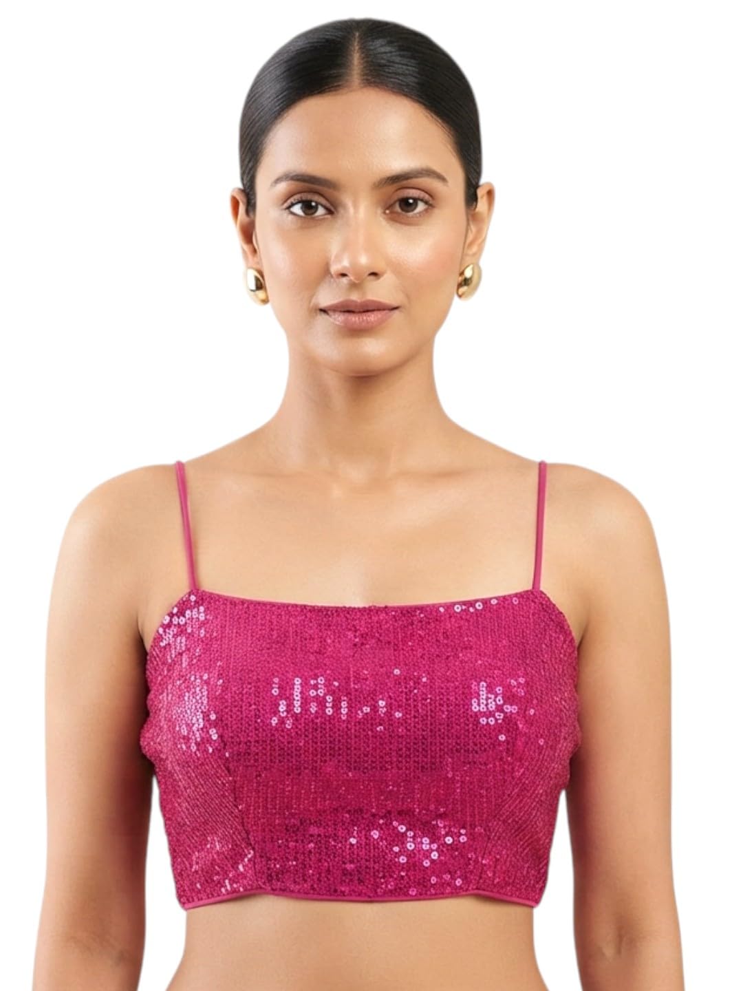 Biyu Pink Sequin Crop Top with Spaghetti Straps | Floral Lace Fabric, Crop Length, Ethnic Wear, Sleeveless Design, Festive Occasion-image-22