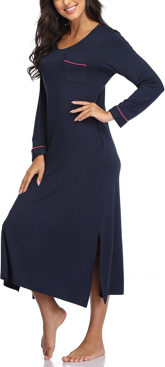 Nightgowns for Women Long Sleeve V Neck Nightshirts Soft Knit Sleepwear Full Length... - Image 8