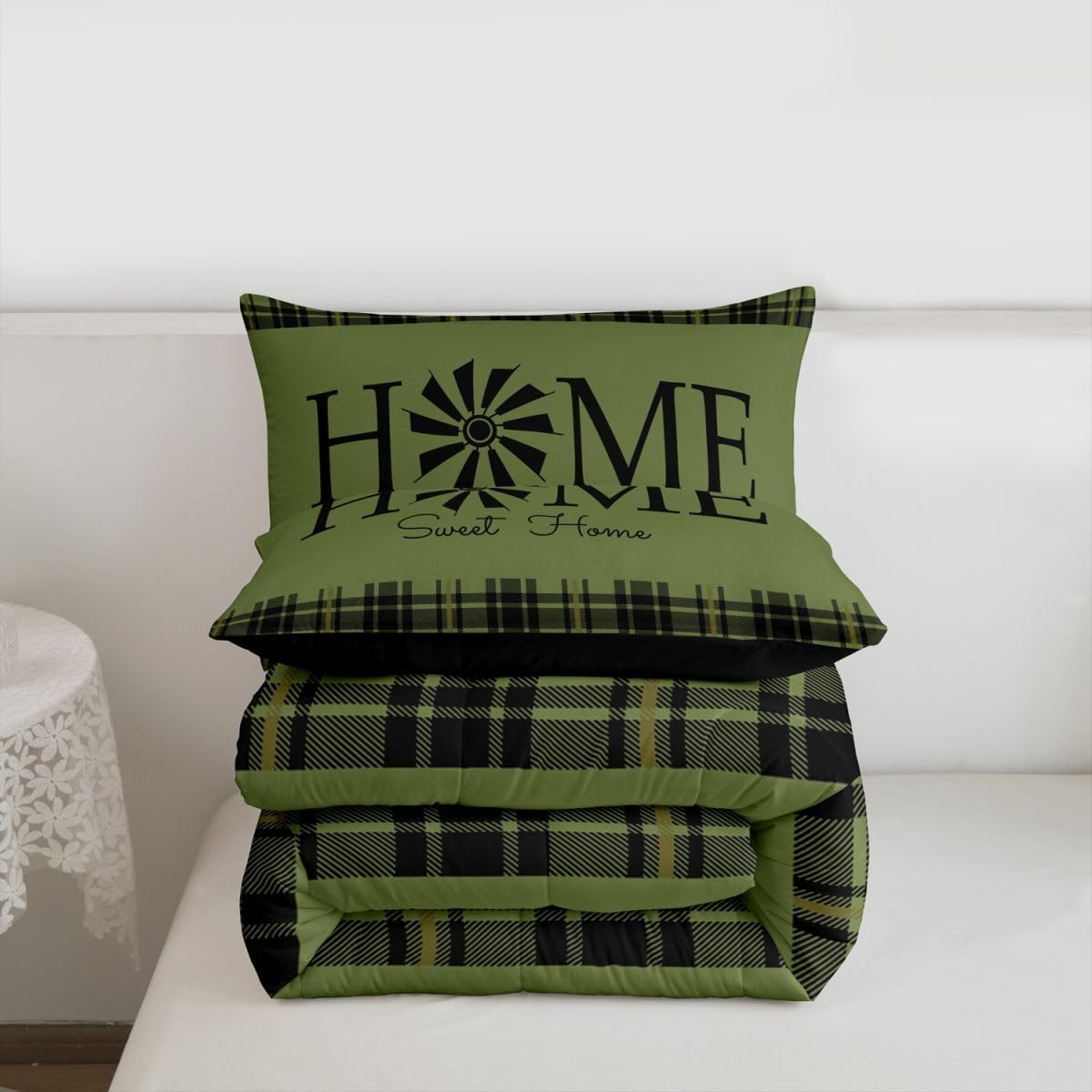 Erosebridal Windmill Bedding Sets Full Size, Rustic Farmhouse Comforter Set Southwestern Decor Quilt for Teens Adult Women Bedroom Decor, Green Plaid Buffalo Western Vintage Bedding Comforter Sets