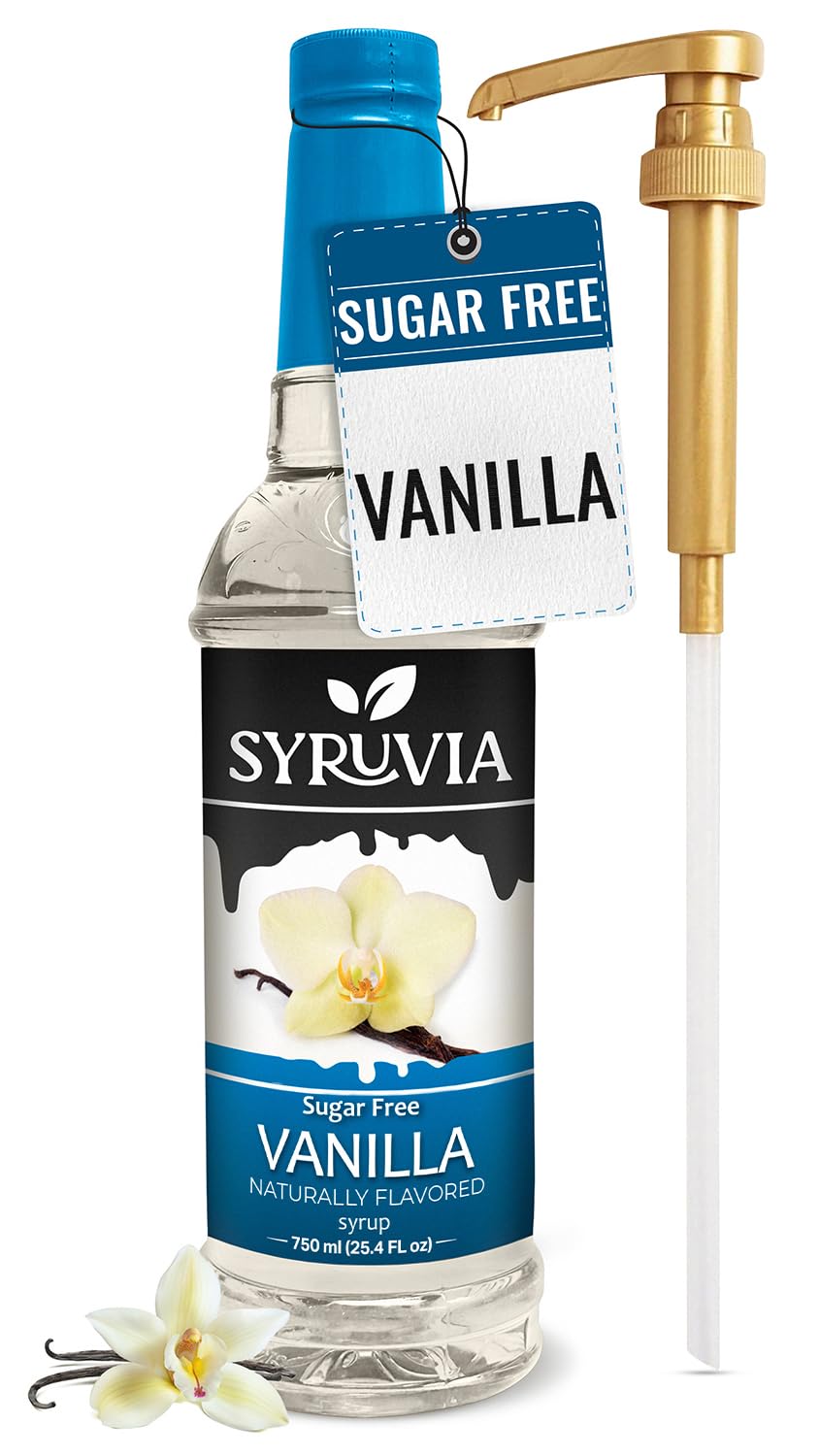 Syruvia Sugar Free Coffee Syrup, Vanilla Flavored Syrup for Drinks, Lattes, and Desserts – 25.4 fl oz, With Pump