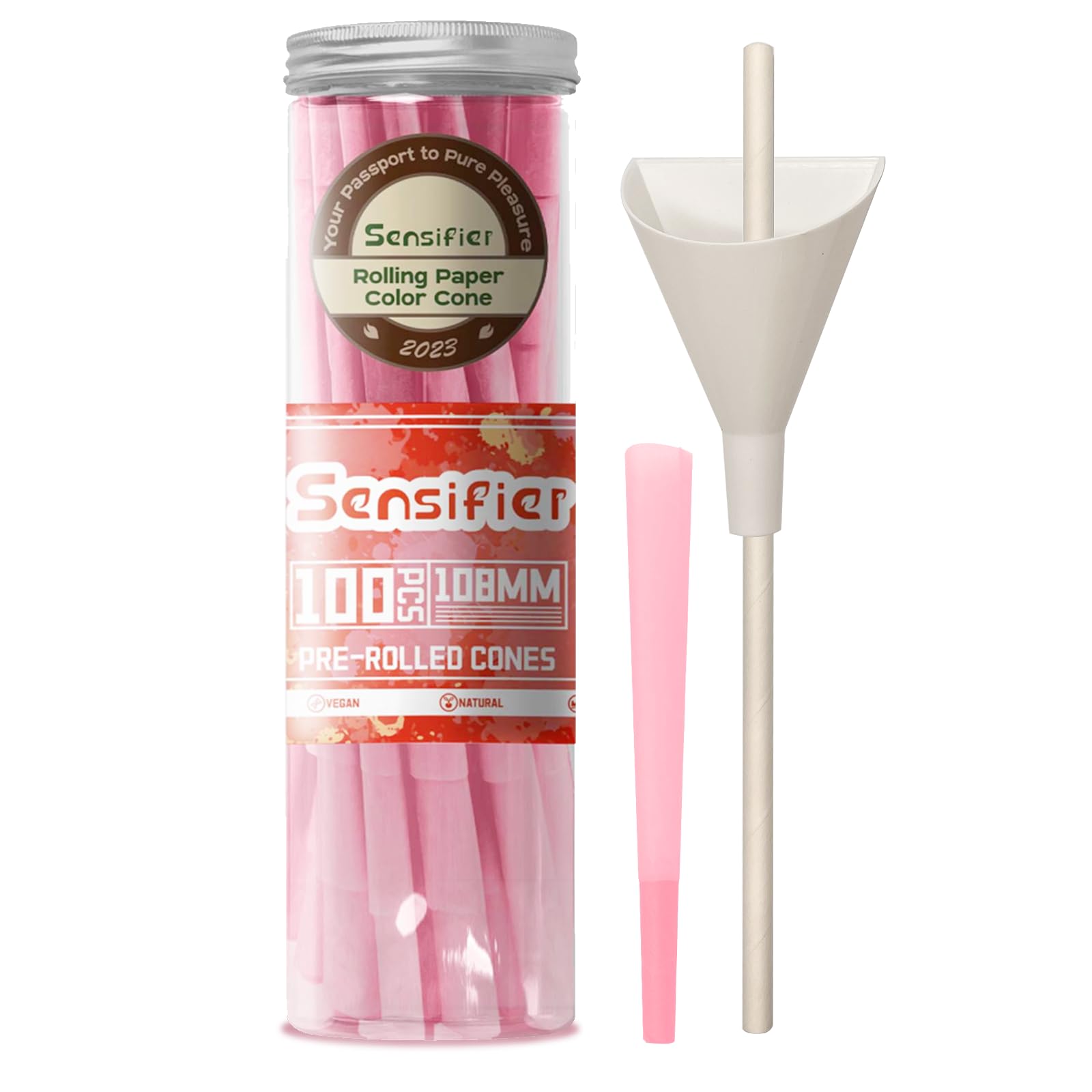 100 PACK Pink Pre Rolled Cones| King Size Rolling Paper Cone 108MM with Loader and Packing Sticks