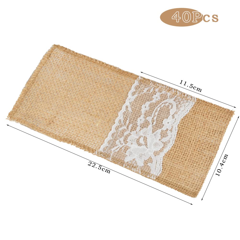 Shappy 50 Porte-Couverts En Toile De Jute Avec Dentelle - Décoration Table Vintage Mariage Et Fêtes
