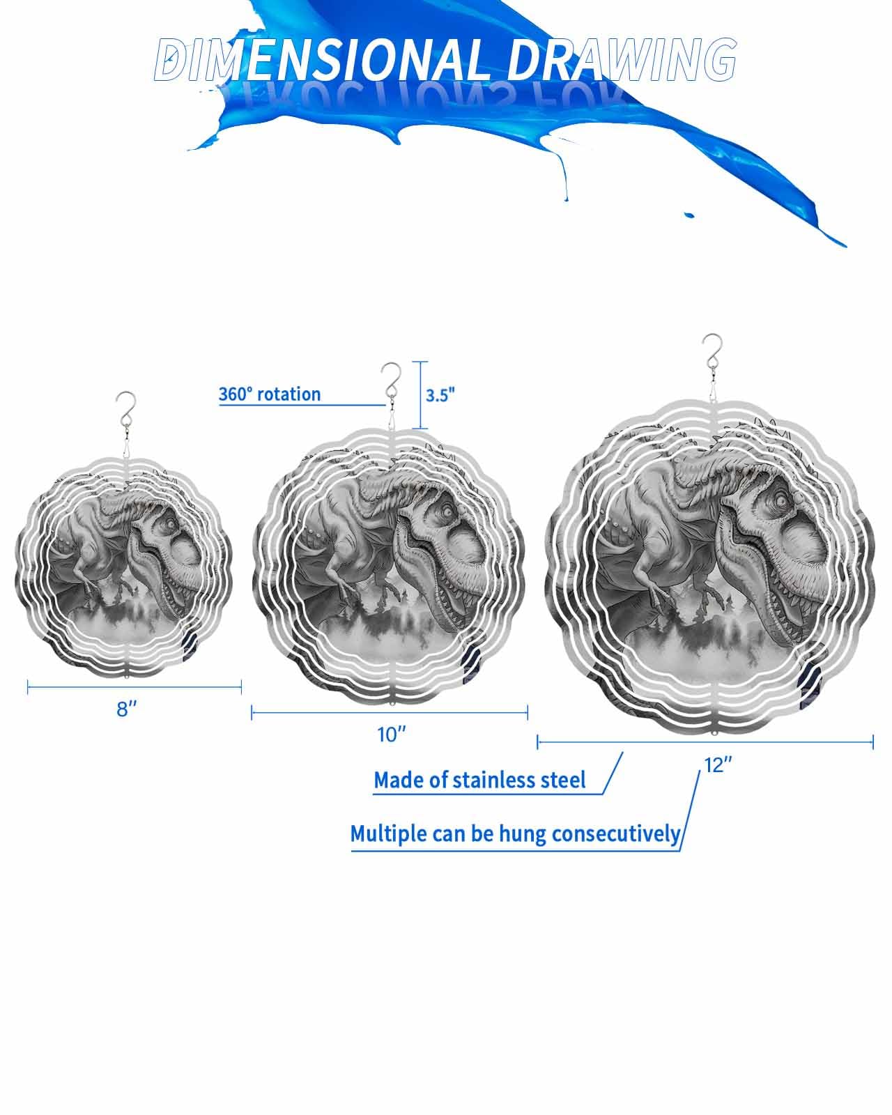 Retro Wind Spinners, Dinosaur and Little Boy Art Hanging Wind Spinners for Yard and Garden 3D Stainless Steel Metal Sculptures Crafts Ornaments 12 Inch