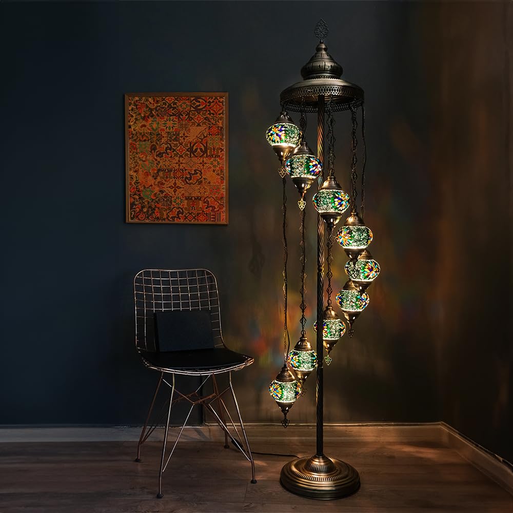 Turkish Lamp 9 Globe Mosaic Floor Lamp, Mosaic Standing Lamp 9 Globe Mosaic Moroccan Lamps Floor Lamp for Decorative Home Designs Offer 5 inch Globe - Total Height 70 inch (Green)