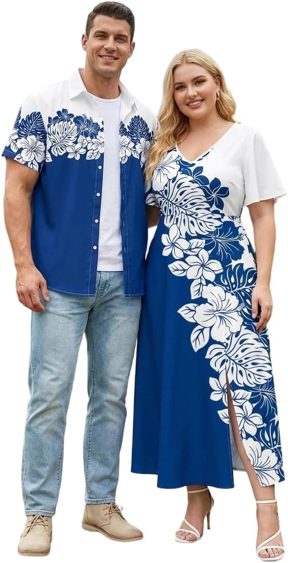 Matchable Couple Hawaiian Sea Beach Starfish Turtle Shell Print Shirt or Plus Size Midi Split A Line Dress