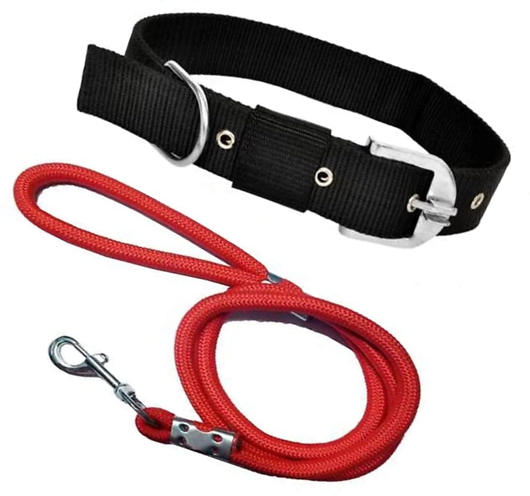 Dog Rope & Collar Set -15 MM- Medium (Black Rope & Red Collar Leash Size 1M-1.5M)