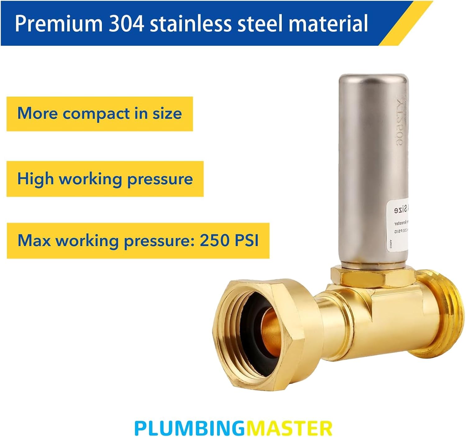 Straight Water Hammer Arrestor for Washing Machine, 3/4 Inch Swivel FHT X 3/4 Inch MHT Stainless Steel Chamber and Washers, Absorb Shock and Reduce Noise Business Wholesale (10pcs)