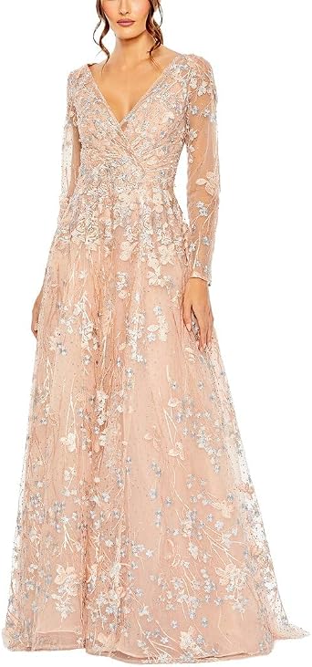 Lace Embellished Wrap A-Line Gown with Illusion Sleeves by Mac Duggal