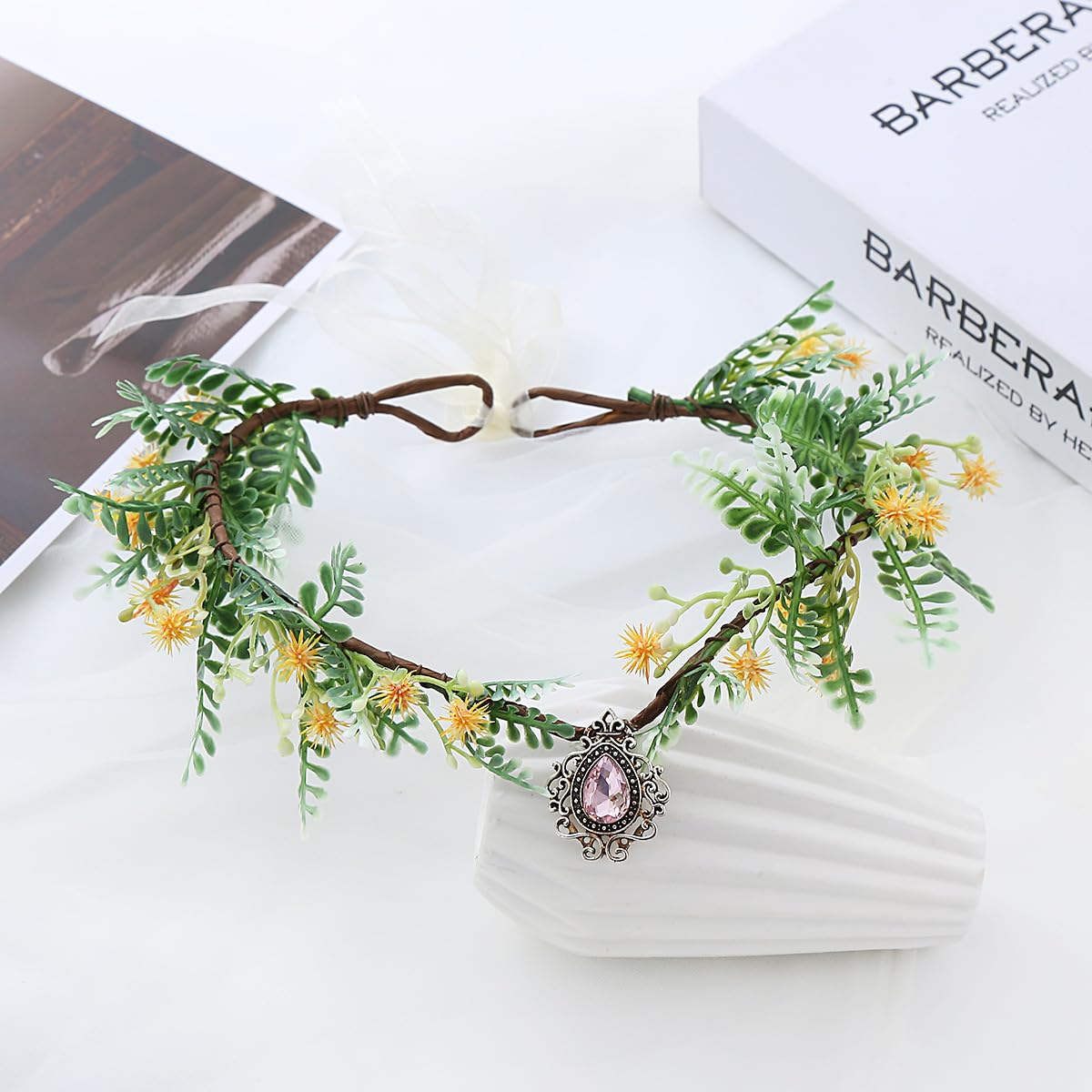 LEEMASING Flower Headband Elf Garland Crown Fairy Floral Diademas Headpiece For Easter Carnival Party Bridal Wedding (Yellow Pink) - Image 2