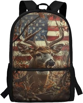 Deer Backpack for Boys Cool School Bag American Flag Backpacks Kids Book Bag for Boys Age 7-10 Elementary School Bookbag with Zip Pocket & Water Bottle Holder Large Capacity Schoolbag