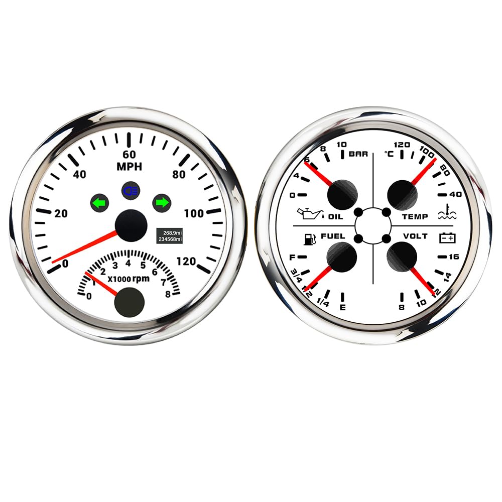 Medidor Tacómetro Voltímetro Medidor de Nivel de Combustible Odómetro 85 mm con 8000 RPM con 4 en 1 10 Bar Presión de Aceite 12 V con para veleros Marinos