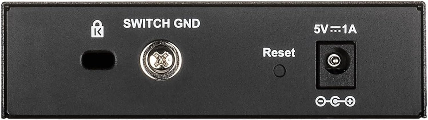 Rear panel of D-Link DGS-1100-05V2 switch showing power input, reset button, and ground screw