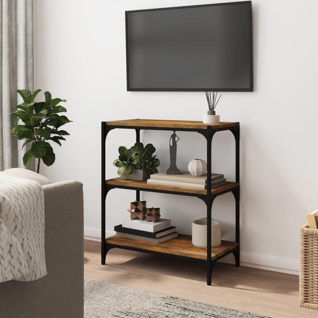 Regał na książki, dąb wędzony, 60 x 33 x 70,5 cm, materiał drewnopochodny i stal, stabilny regał stojący z 3 półkami, przemysłowy regał na książki do salonu, uniwersalny regał na książki