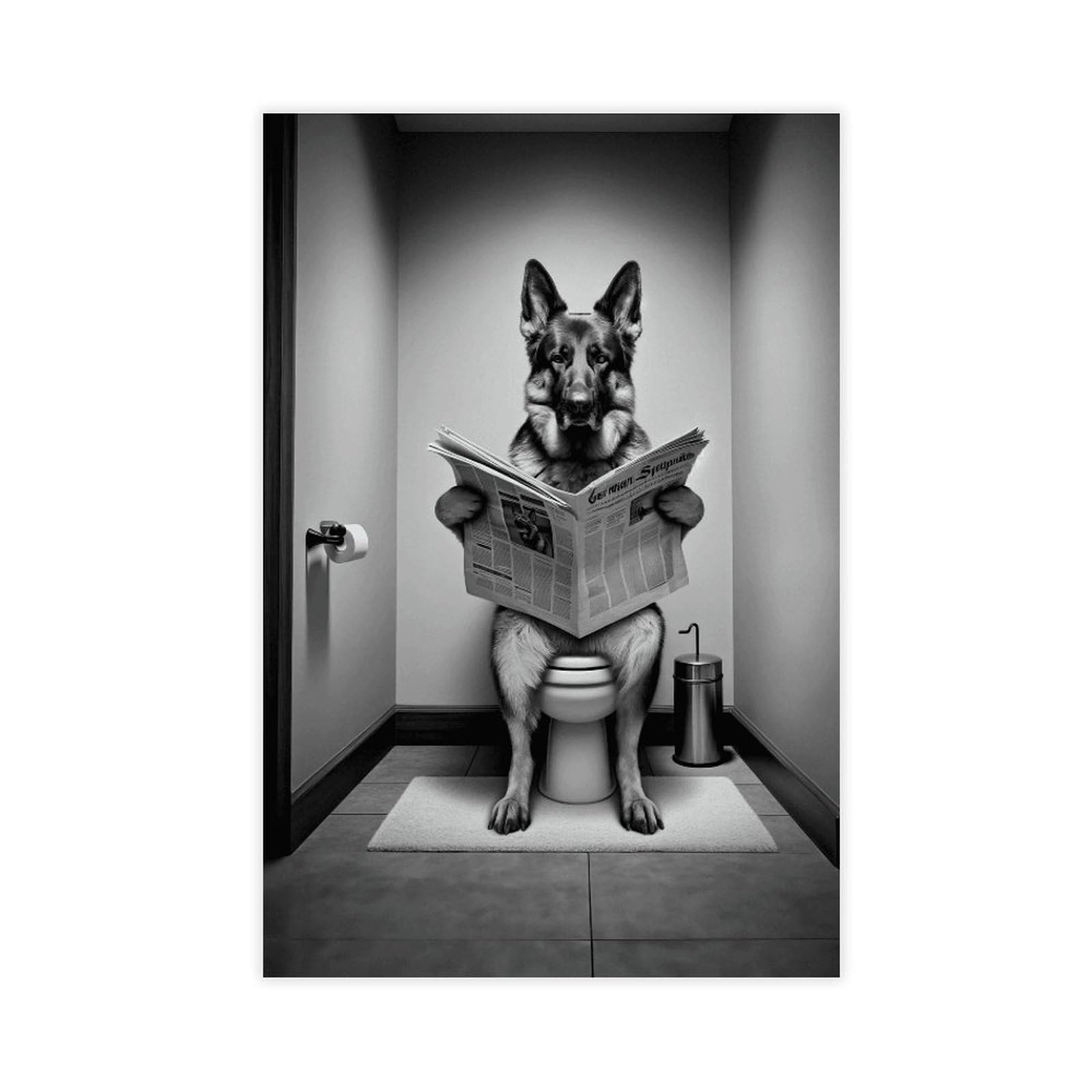 Bncedjk Photograph Of A German Shepherd Reading On The Toilet In Black And White Canvas Poster Wall Art Print Picture Paintings 16X24inch(40X60cm)