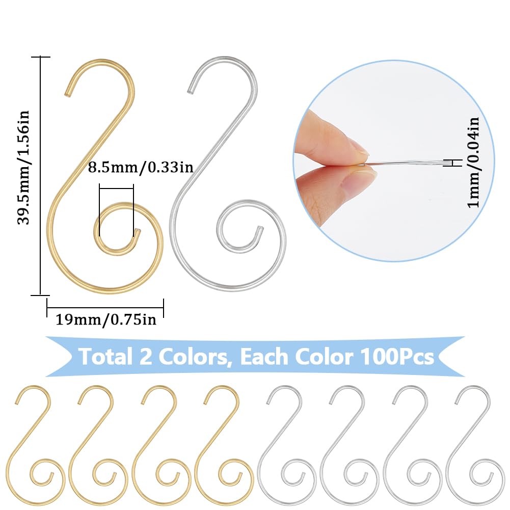 SOFPLATE 1 Box 200Pcs Christmas Tree Ornament Hangers Chandelier Crystal Wire Hooks Metal Silver Gold S Shape Hanger Hooks Pin Chandelier Replacement Part for Christmas Tree Ornament Ball Hanging