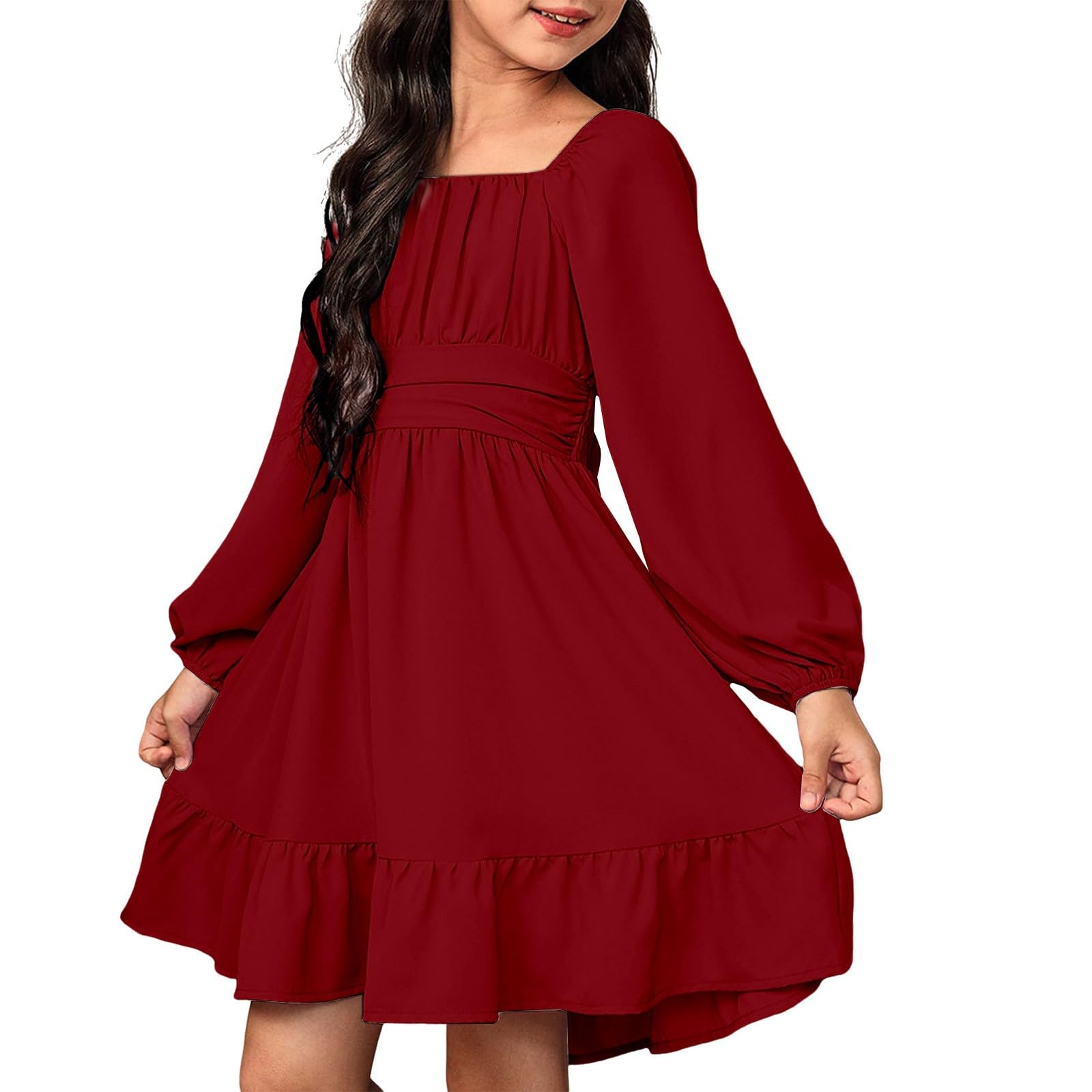 Vestito da ragazza con scollo quadrato a maniche lunghe a trapezio per bambini estivo casual a vita alta plissettato con volant in spiaggia vacanza abito da sposa