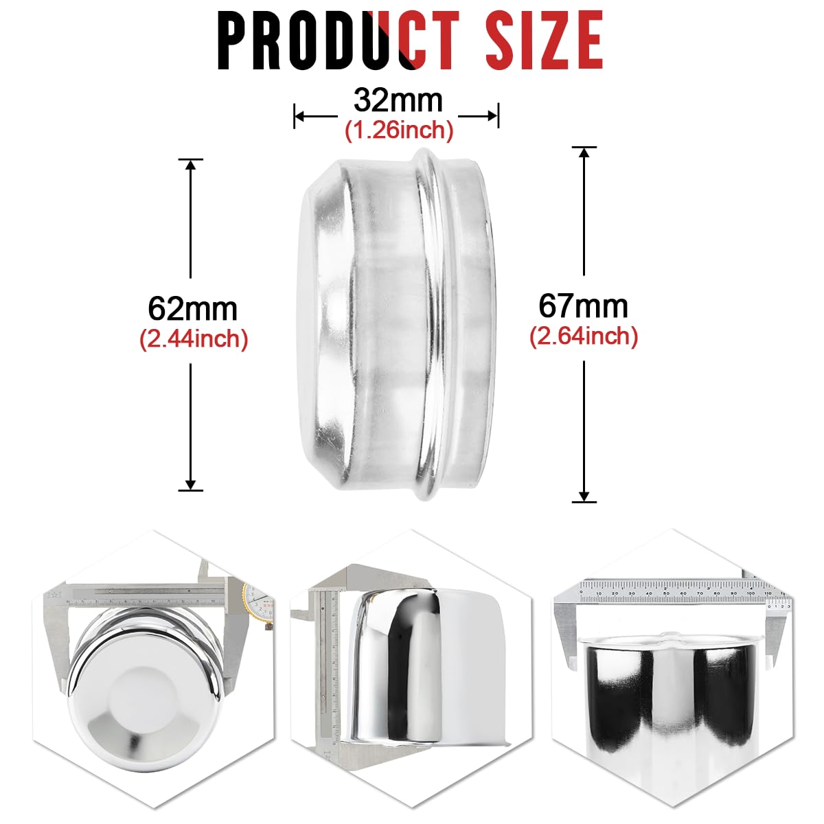 RhinoTuning Juego de 2 tapones antipolvo de 62 mm, OD 67 mm, ID 62 mm, tapa protectora, buje de rueda, compatible con camiones, remolques, barcos (cromo)