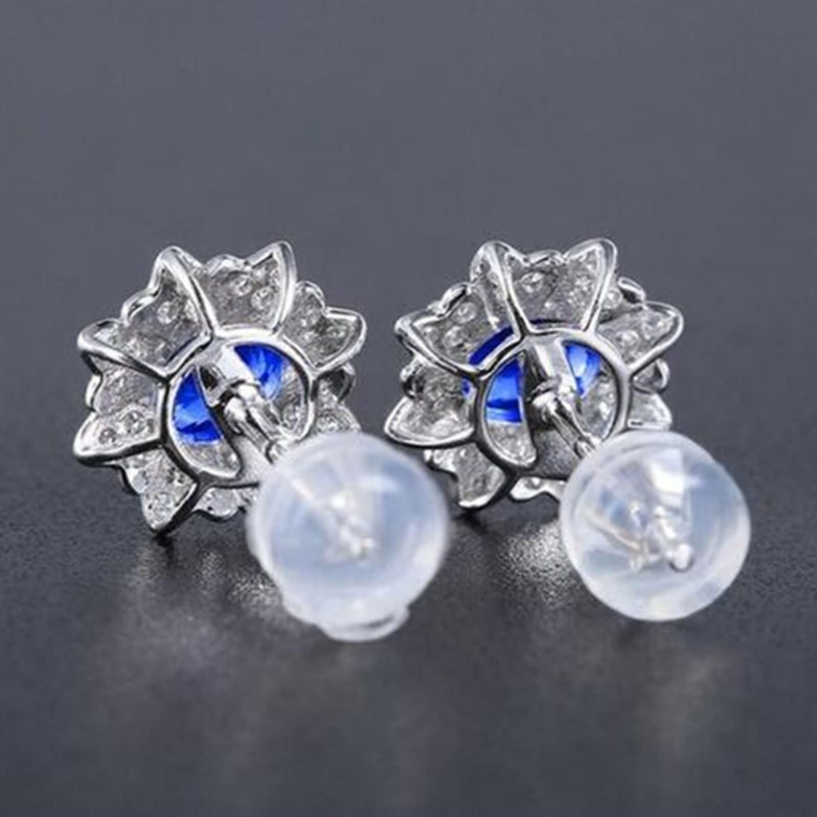 9K / 14K / 18 K Weißgold Ohrringe für Damen, Blume und Oval mit Erstellter Saphir 1,06 Karat und Moissanit, Damen Ohrringe Ohrstecker Blau Silber