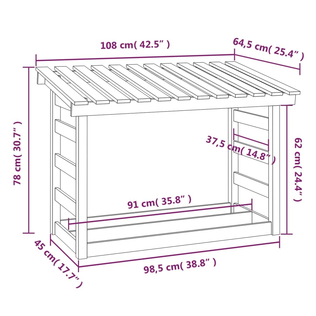 Kaminholzregal 108x64,5x78 cm aus massivem Kiefernholz, Brennholzregal für die Garten-Lagerung, Holzunterstand für Scheite