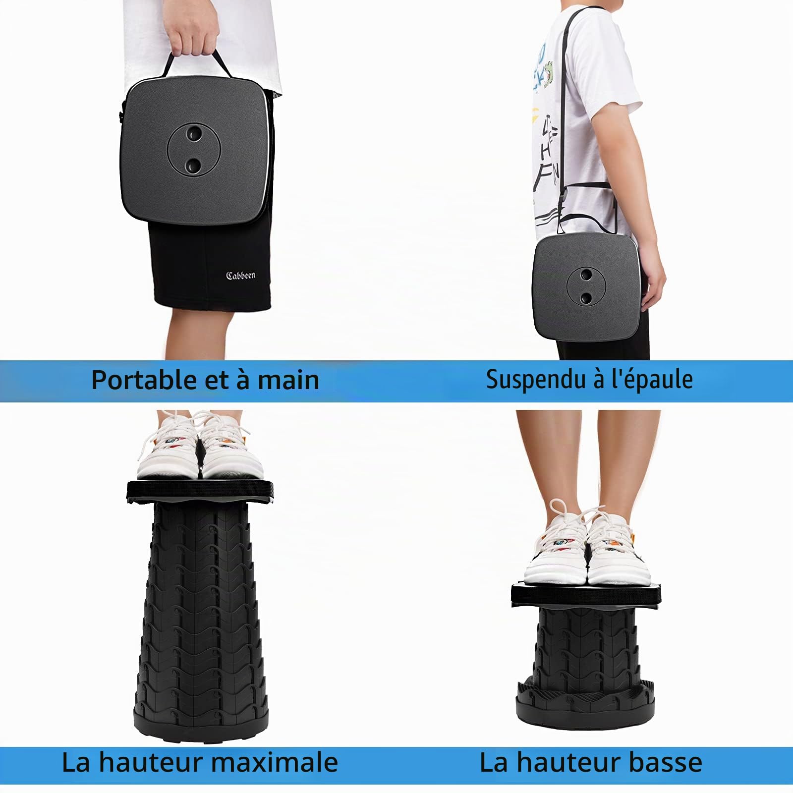 Tabouret télescopique portable amélioré avec grand siège – Tabouret de camping carré rétractable pour adultes, tabouret télescopique pliable léger et compact (noir)