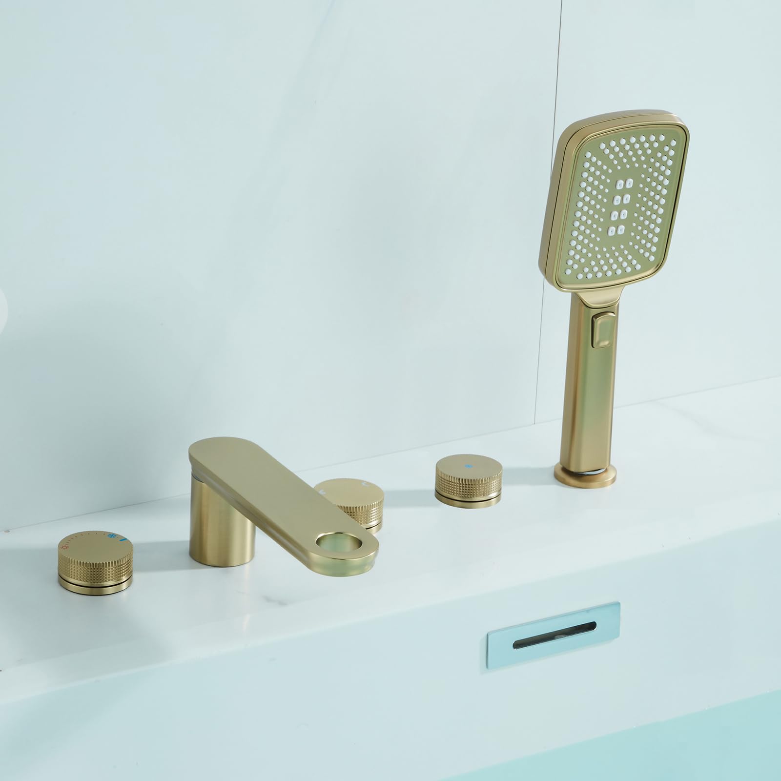 BHGFYXBS Bathtub Hand Shower Tap Set Bathroom 5 Hole Tub Mixer Faucets Brushed Gold Bath Waterfall Mixer Taps With Shower 360 Degree Swivel-B