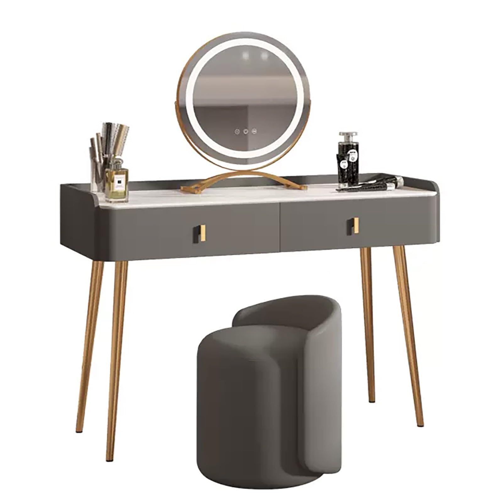 CGCSYZ Makeup Vanity Set, Slate Desktop, Vanity Table with 360° Rotating Mirror, Microfiber Leather Dressing Table, Makeup Vanity Desk with Stool, Vanity Dresser with Drawer(Light Gray-80cm/31.5in)