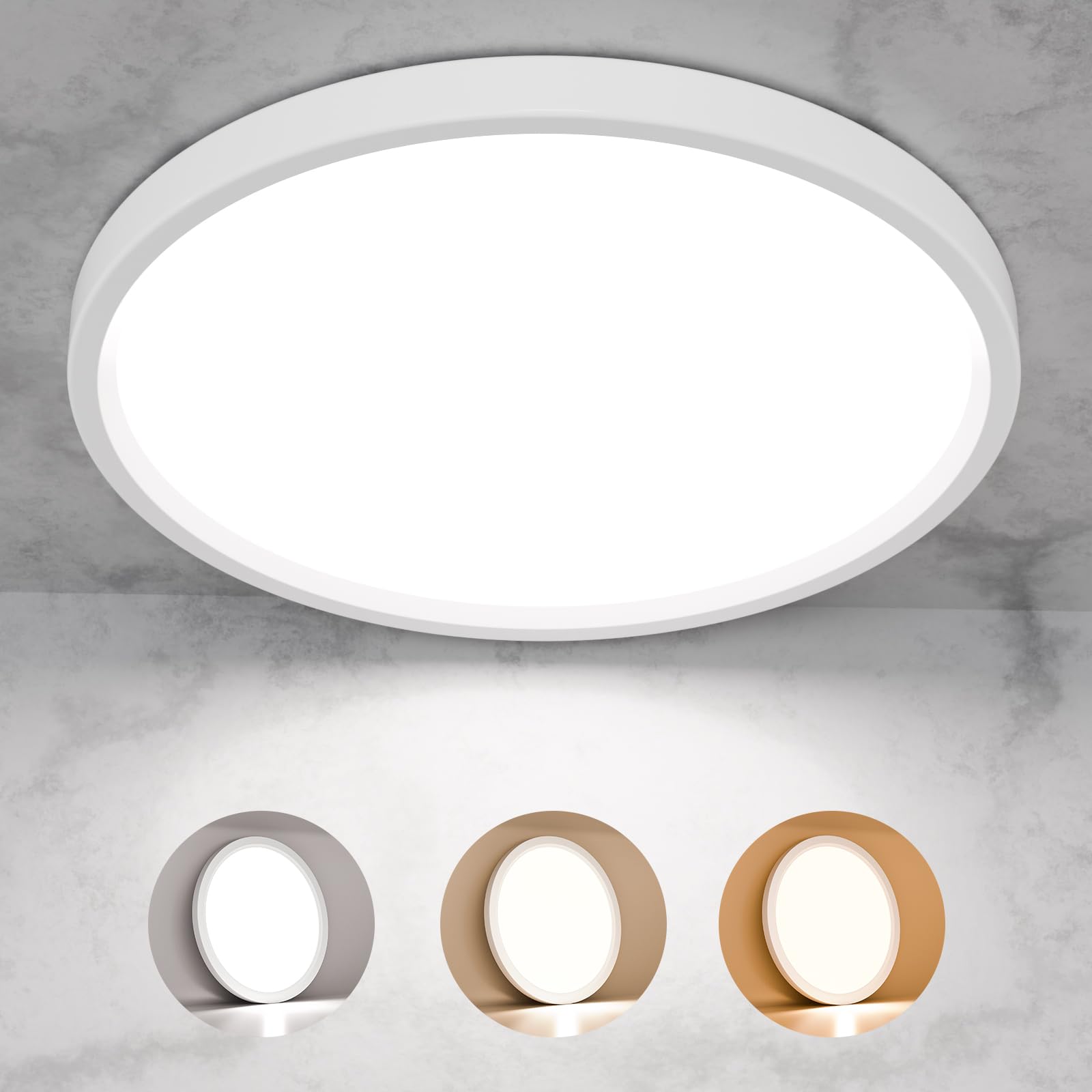 LQWELL Plafoniera a LED, lampada da bagno impermeabile IP44, rotonda e piatta, 12W, 3000K, 4000K, 6000K, 1320LM, moderna, semplice e sottile, per soggiorno, bagno, cucina, 180 x 18 mm