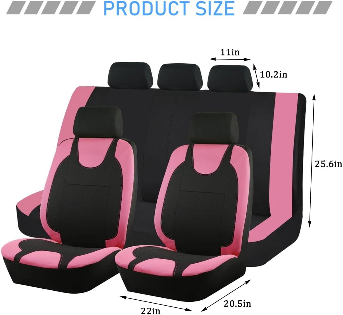 Osilly Car Seat Cover Full Set, Breathable Soft Vehicle Front and Rear Split Bench Protector, Comfortable Auto Interior Seat Protection Cover, Universal for Truck SUV Van Sedan (Pink/Black)
